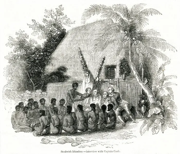 Framed Print : Captain Cook receives gifts from Sandwich Island natives Framed Print : Captain Cook receives gifts from Sandwich Island natives