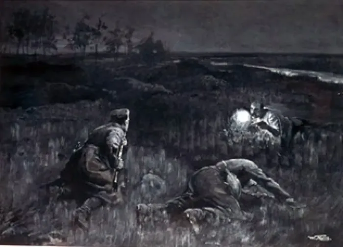 Framed Print : Captain Davies encounters two German sentries, Messines Framed Print : Captain Davies encounters two German sentries, Messines