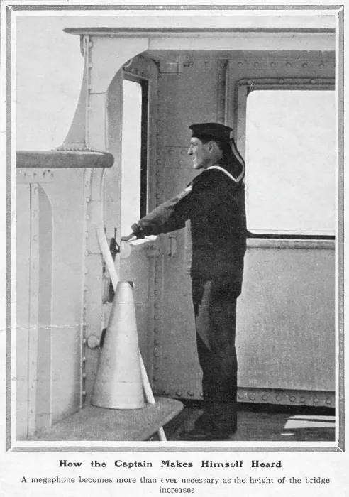 Framed Print : How the captain makes himself heard: a megaphone becomes more than ever necessary as the height of the bridge increases. Date: 1912 Framed Print : How the captain makes himself heard: a megaphone becomes more than ever necessary as the height of the bridge increases. Date: 1912