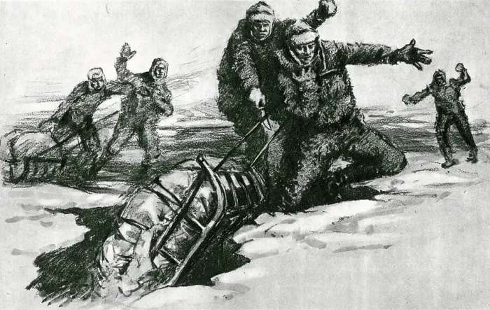 Framed Print : Captain Scott's team nearly lose sledge through snow bridge Framed Print : Captain Scott's team nearly lose sledge through snow bridge