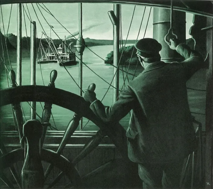Framed Print : Captain Steers Boat Date: 1950 Framed Print : Captain Steers Boat Date: 1950