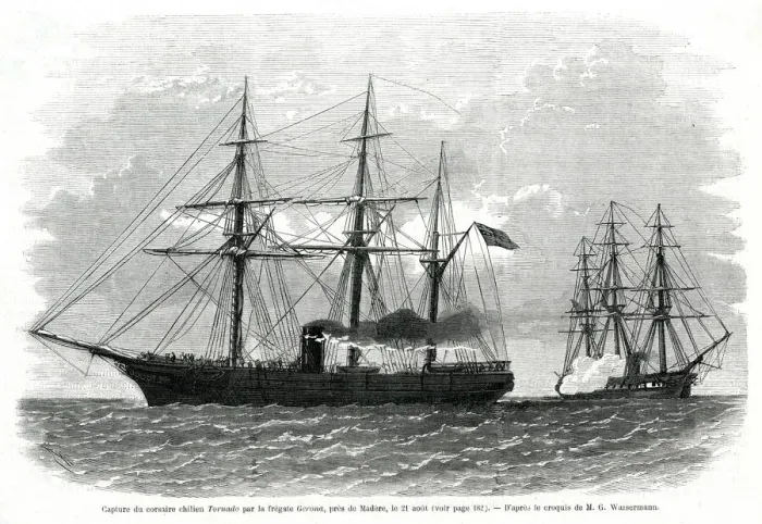 Framed Print : Capture of the Chilean Ship Tornado by the Frigate Gerona Framed Print : Capture of the Chilean Ship Tornado by the Frigate Gerona