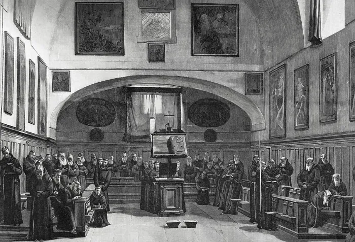 Framed Print : Capuchins in the choir singing vespers. Engraving, 1898 Framed Print : Capuchins in the choir singing vespers. Engraving, 1898