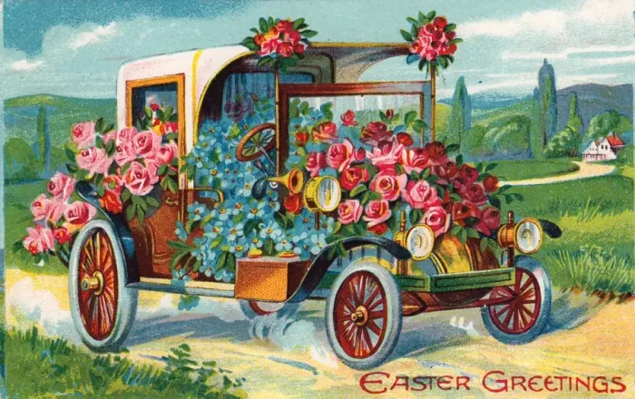 Framed Print : Car full of flowers on an Easter postcard Framed Print : Car full of flowers on an Easter postcard