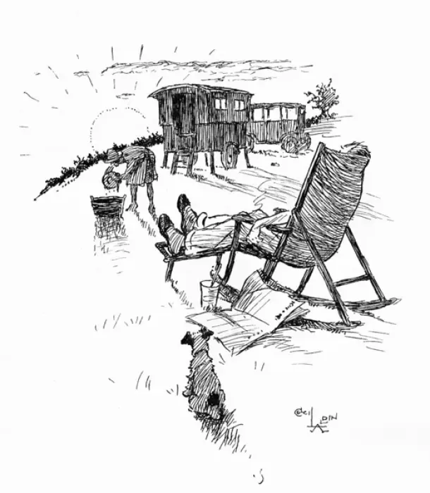 Framed Print : Caravanning scene with dog and deckchair Framed Print : Caravanning scene with dog and deckchair