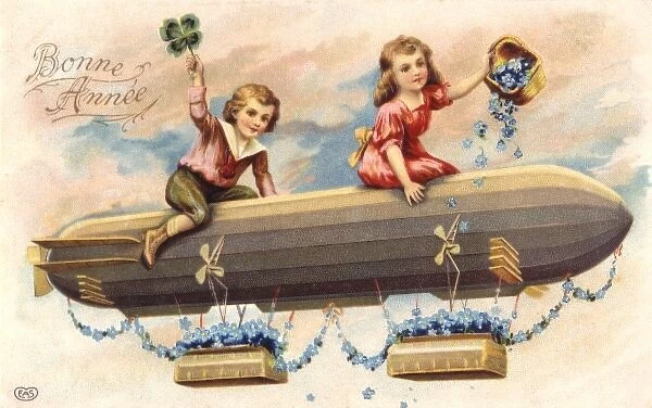 Card; Airship. Children throw flowers from an airship. circa 1908