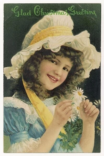 Card with Daisies. Smiling girl with daisies