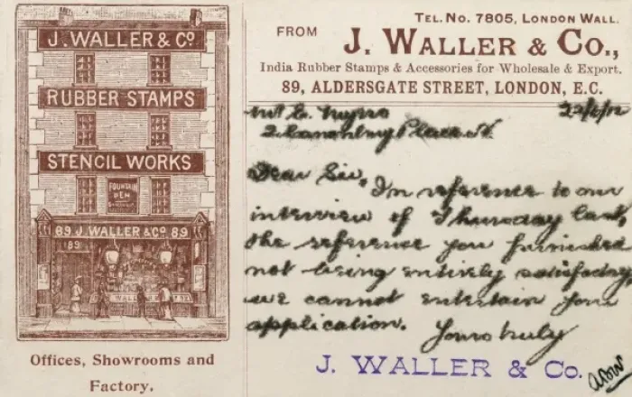 Framed Print : Card from J Waller & Co to an unsuccessful job applicant Framed Print : Card from J Waller & Co to an unsuccessful job applicant