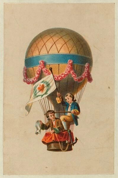 Card shows two children ascending in the basket of a balloon