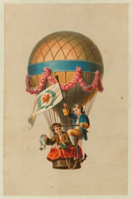 Framed Print : Card shows two children ascending in the basket of a balloon Framed Print : Card shows two children ascending in the basket of a balloon