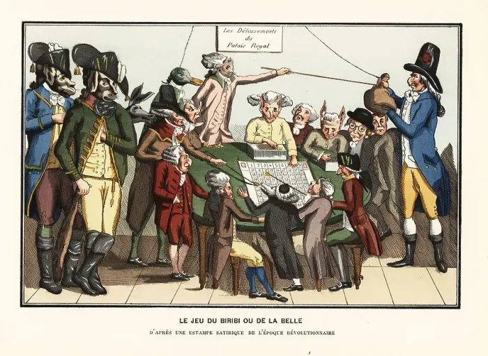 Framed Print : Caricature of Biribi players at the Palais-Royale, 1780s Framed Print : Caricature of Biribi players at the Palais-Royale, 1780s