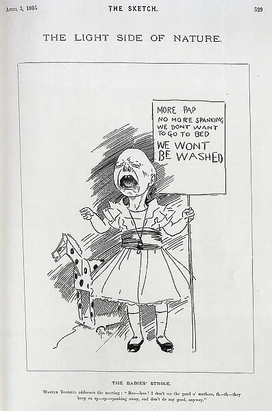 Caricature of crying baby holding a placard, by Phil May