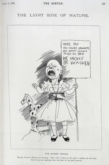 Framed Print : Caricature of crying baby holding a placard, by Phil May Framed Print : Caricature of crying baby holding a placard, by Phil May