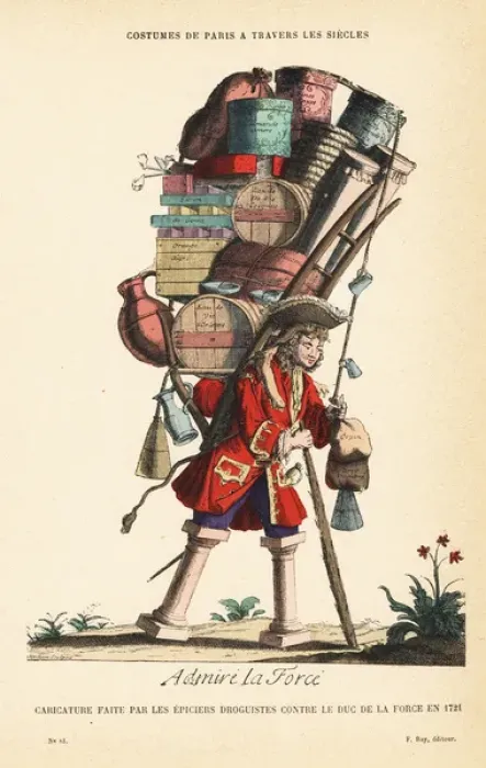 Framed Print : Caricature of the Duke de la Force laden with boxes, 1721 Framed Print : Caricature of the Duke de la Force laden with boxes, 1721