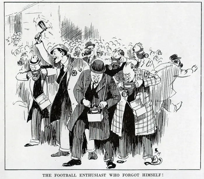 Framed Print : Caricature of football crowd, with gas masks Framed Print : Caricature of football crowd, with gas masks