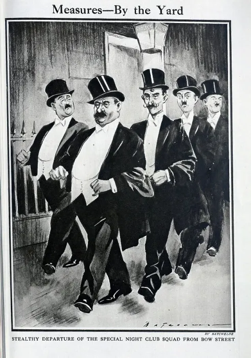 Framed Print : Caricature illustration, by Batchelor, showing policemen in top hats and evening dress suits, passing by police station. Captioned, Measures - by The Yard and Stealthy departure of the Night Club Squad from Bow Street Framed Print : Caricature illustration, by Batchelor, showing policemen in top hats and evening dress suits, passing by police station. Captioned, Measures - by The Yard and Stealthy departure of the Night Club Squad from Bow Street