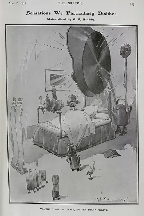 Framed Print : Caricature illustration of bedroom scene, by G E Studdy Framed Print : Caricature illustration of bedroom scene, by G E Studdy