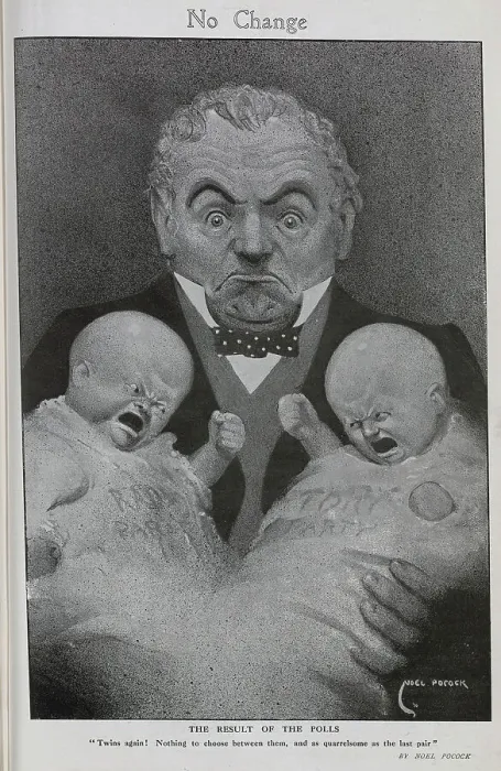 Framed Print : Caricature illustration of bewildered man holding twin political babies Radical and Tory, by Noel Pocock. Captioned, No Change'. With description, The Result Of The Polls: Twins again Framed Print : Caricature illustration of bewildered man holding twin political babies Radical and Tory, by Noel Pocock. Captioned, No Change'. With description, The Result Of The Polls: Twins again