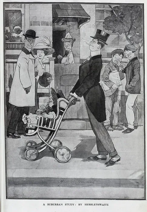 Framed Print : Caricature illustration, captioned, The First Born'. Showing proud father in top hat and tails, with child in bonnet in push chair, and onlookers in street scene. Horace Sydney Hebblethwaite, illustrator (1873-1914). Date: 1910 Framed Print : Caricature illustration, captioned, The First Born'. Showing proud father in top hat and tails, with child in bonnet in push chair, and onlookers in street scene. Horace Sydney Hebblethwaite, illustrator (1873-1914). Date: 1910