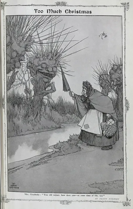 Framed Print : Caricature illustration, captioned Too Much Christmas, by W Heath Robinson. Showing old woman in shawl by river bank, telling off trees. With quotation, Mrs Ginabody: You old rogues, how dare you - at your time of life too Framed Print : Caricature illustration, captioned Too Much Christmas, by W Heath Robinson. Showing old woman in shawl by river bank, telling off trees. With quotation, Mrs Ginabody: You old rogues, how dare you - at your time of life too