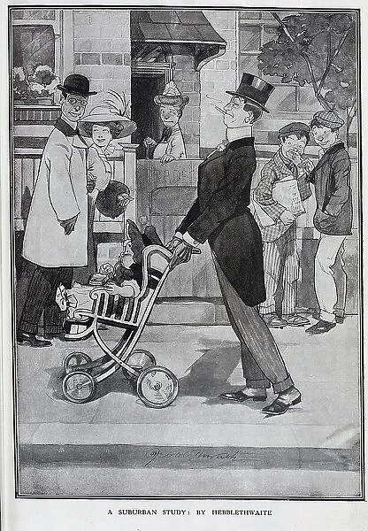 Caricature illustration, captioned, The First Born'. Showing proud father in top hat and tails, with child in bonnet in push chair, and onlookers in street scene. Horace Sydney Hebblethwaite, illustrator (1873-1914). Date: 1910