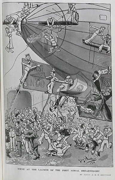 Caricature illustration of chaotic scenes with crew, captain, journalists and photographer, with Dreadnought airship. Captioned, When Britain rules the skies'and Scene at the launch of the first aerial Dreadnought