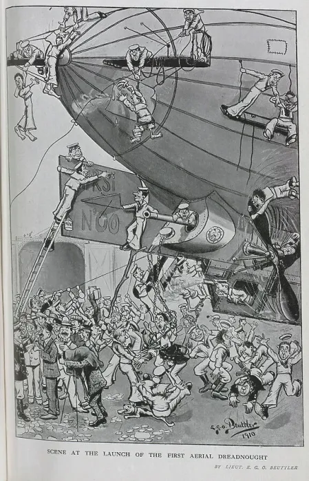 Framed Print : Caricature illustration of chaotic scenes with crew, captain, journalists and photographer, with Dreadnought airship. Captioned, When Britain rules the skies'and Scene at the launch of the first aerial Dreadnought Framed Print : Caricature illustration of chaotic scenes with crew, captain, journalists and photographer, with Dreadnought airship. Captioned, When Britain rules the skies'and Scene at the launch of the first aerial Dreadnought