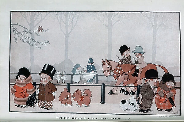 Caricature illustration by Chloe Preston. Captioned, In the Spring a Young Man's Fancy'. Showing children, dogs, ponies, nurse and policeman in park scene