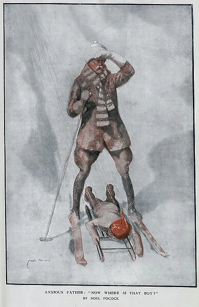 Caricature illustration in colour by Noel Pocock, showing man on skis, child on sled sneaking through his legs in snow scene. Captioned Another Mysterious Disappearance, with quotation, Anxious father: 'Now where IS that boy