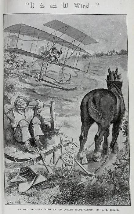 Framed Print : Caricature illustration of crashing plane by E F Sherie. Captioned, It is an ill wind. An old proverb with an up to date illustration'. Showing a biplane crashing in a field, whilst the farmer and cart horse take a rest Framed Print : Caricature illustration of crashing plane by E F Sherie. Captioned, It is an ill wind. An old proverb with an up to date illustration'. Showing a biplane crashing in a field, whilst the farmer and cart horse take a rest