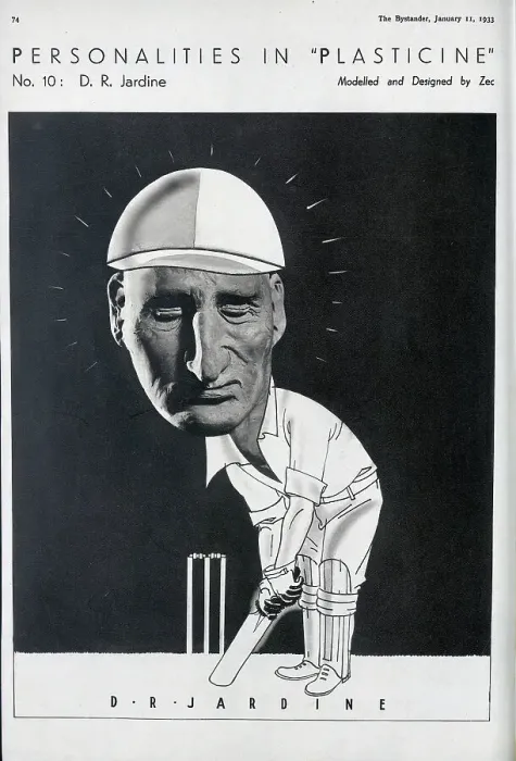 Framed Print : Caricature illustration of D R Jardine, cricketer, in plasticine and pen. Captioned, Personalities in Plasticine, No 10 D R Jardine'. Philip Zec (1909-1983), illustrator and cartoonist Framed Print : Caricature illustration of D R Jardine, cricketer, in plasticine and pen. Captioned, Personalities in Plasticine, No 10 D R Jardine'. Philip Zec (1909-1983), illustrator and cartoonist