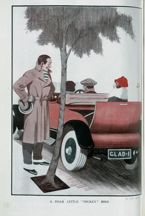 Framed Print : Caricature illustration, A Dear Little Dickey Bird, by Stan Terry. Showing confident man under a tree, staring at woman passenger in motor car Framed Print : Caricature illustration, A Dear Little Dickey Bird, by Stan Terry. Showing confident man under a tree, staring at woman passenger in motor car