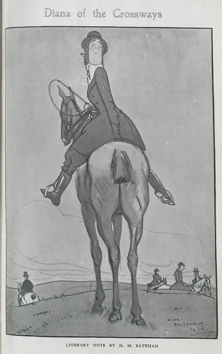 Framed Print : Caricature illustration, Diana of the Crossways by H M Bateman. Showing a haughty woman on horseback during a hunt. Also captioned, A literary note Framed Print : Caricature illustration, Diana of the Crossways by H M Bateman. Showing a haughty woman on horseback during a hunt. Also captioned, A literary note