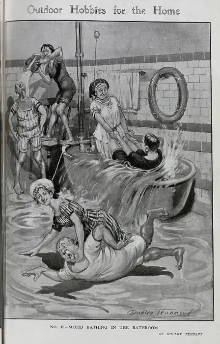 Framed Print : Caricature illustration by Dudley Tennant, mixed bathing in the bathroom. With men and women in bathing suits, and an overflowing bathtub. Captioned, Outdoor hobbies for the home Framed Print : Caricature illustration by Dudley Tennant, mixed bathing in the bathroom. With men and women in bathing suits, and an overflowing bathtub. Captioned, Outdoor hobbies for the home