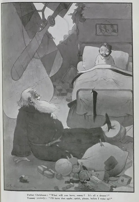 Framed Print : Caricature illustration of Father Christmas, having crashed his plane and dropped his toys in a child's room, by G E Studdy. Captioned, Held over from our Christmas issue Framed Print : Caricature illustration of Father Christmas, having crashed his plane and dropped his toys in a child's room, by G E Studdy. Captioned, Held over from our Christmas issue