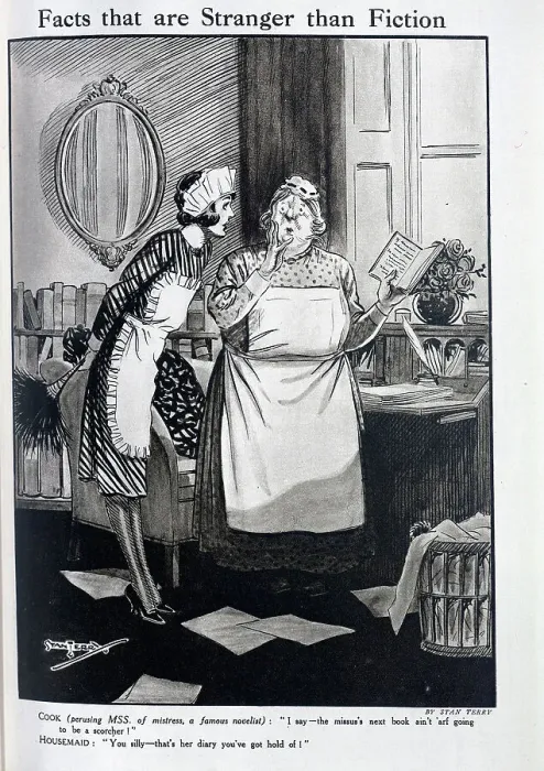 Framed Print : Caricature illustration of flustered Cook and assertive Housemaid, by Stan Terry. Captioned, Facts are Stranger than Fiction'. With quotations, COOK (perusing MSS of mistress) Framed Print : Caricature illustration of flustered Cook and assertive Housemaid, by Stan Terry. Captioned, Facts are Stranger than Fiction'. With quotations, COOK (perusing MSS of mistress)