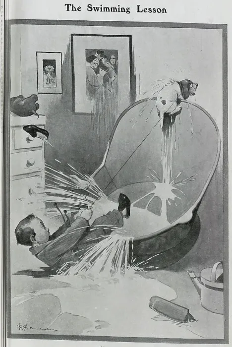 Framed Print : Caricature illustration by G F Studdy, of dog on leash and boy being tipped out of bath tub with water. Captioned, The Swimming Lesson'. George F Studdy, illustrator, renowned for series of works on the dog, Bonzo Framed Print : Caricature illustration by G F Studdy, of dog on leash and boy being tipped out of bath tub with water. Captioned, The Swimming Lesson'. George F Studdy, illustrator, renowned for series of works on the dog, Bonzo