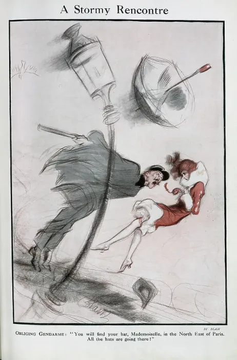 Framed Print : Caricature, illustration, gendarme, elegant, woman, struggling, street, scene, windy Paris, Stormy, Rencontre, hat, Mademoiselle, Blam, Edmund, Blampied, artist, illustrator, art, humorous, 1925, 1920s, 20th, century Date: 1925 Framed Print : Caricature, illustration, gendarme, elegant, woman, struggling, street, scene, windy Paris, Stormy, Rencontre, hat, Mademoiselle, Blam, Edmund, Blampied, artist, illustrator, art, humorous, 1925, 1920s, 20th, century Date: 1925