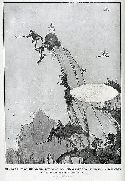 Caricature illustration of a Golf course, by Heath Robinson