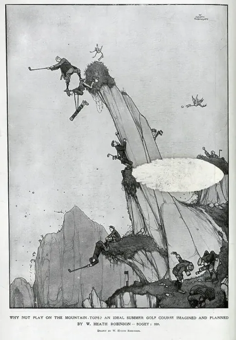 Framed Print : Caricature illustration of a Golf course, by Heath Robinson Framed Print : Caricature illustration of a Golf course, by Heath Robinson