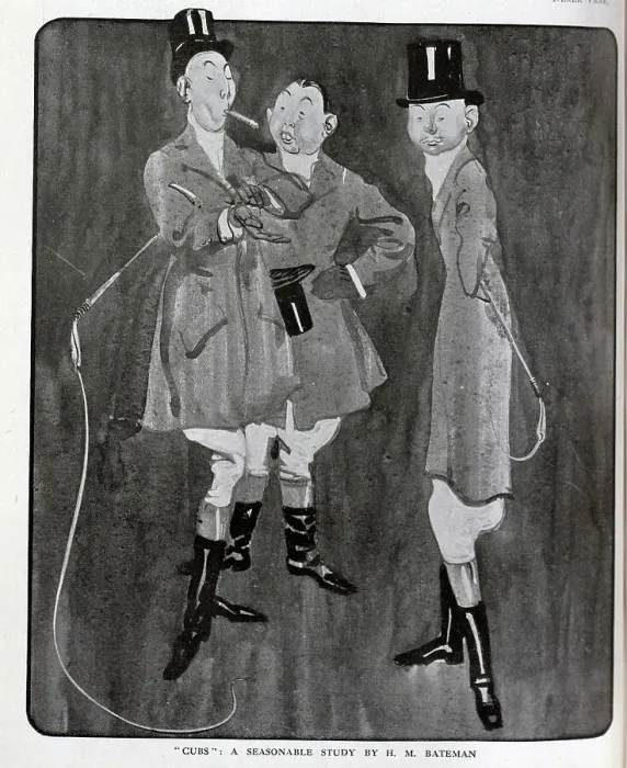 Framed Print : Caricature illustration by H M Bateman of three foxhunting men with cigar, top hats and whips. Captioned, Cubs: A Seasonable study'. Presented alongside a short story, Who Can Tell the Tricks of the Great Cat-Fate?'by Derek Vane Framed Print : Caricature illustration by H M Bateman of three foxhunting men with cigar, top hats and whips. Captioned, Cubs: A Seasonable study'. Presented alongside a short story, Who Can Tell the Tricks of the Great Cat-Fate?'by Derek Vane