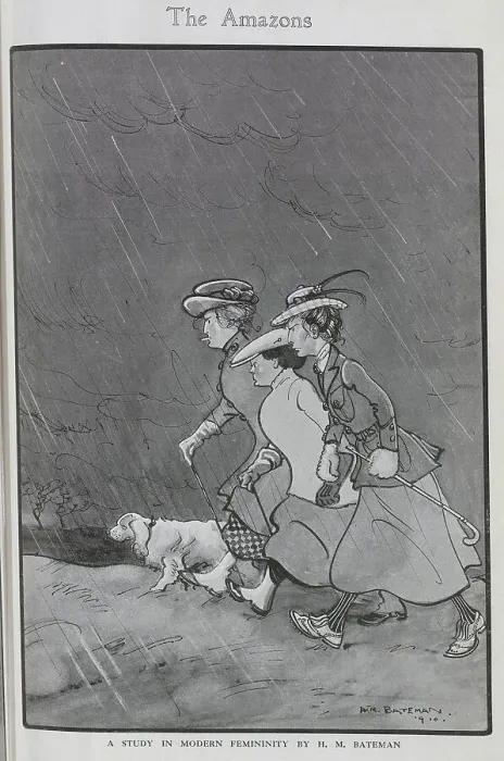 Framed Print : Caricature illustration by H M Bateman of three women and a dog, marching with determination in the rain. Captioned, The Amazons: a study in Modern Femininity Framed Print : Caricature illustration by H M Bateman of three women and a dog, marching with determination in the rain. Captioned, The Amazons: a study in Modern Femininity