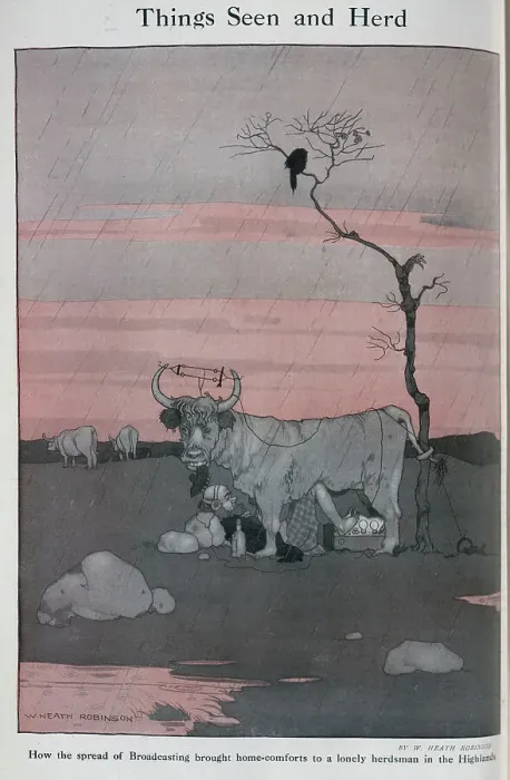 Framed Print : Caricature illustration, Highland Bull with radio aerial, with herdsman listening below. Captioned, Things seen and heard'. With description, How the spread of Broadcasting brought home-comforts to a lonely herdsman in Framed Print : Caricature illustration, Highland Bull with radio aerial, with herdsman listening below. Captioned, Things seen and heard'. With description, How the spread of Broadcasting brought home-comforts to a lonely herdsman in