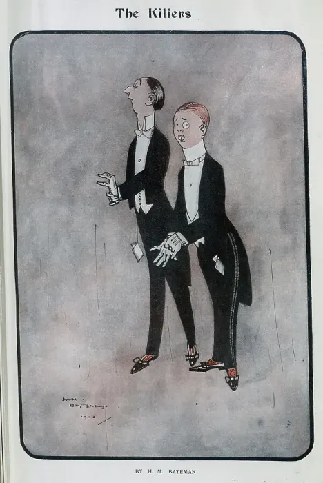 Framed Print : Caricature illustration, The Killers by H M Bateman. Showing two young gentlemen in evening dress suits, fancy socks and dance shoes. Henry Mayo Bateman (1887-1970)'illustrator and cartoonist