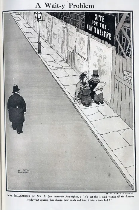 Framed Print : Caricature illustration of man and woman waiting for theatre to be built, with policeman looking on. Captioned, A Wait-y Problem'. With quotations Framed Print : Caricature illustration of man and woman waiting for theatre to be built, with policeman looking on. Captioned, A Wait-y Problem'. With quotations