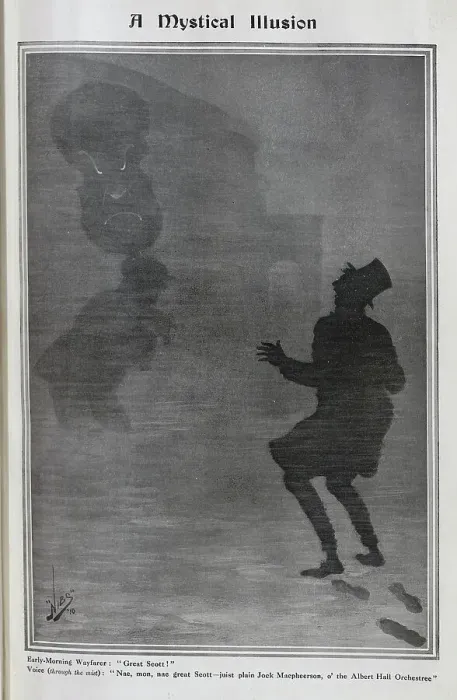 Framed Print : Caricature illustration, A Mystical Illusion by Nibs. Showing two men in fog, one carrying a double bass, mistaken by the other man for a monster Framed Print : Caricature illustration, A Mystical Illusion by Nibs. Showing two men in fog, one carrying a double bass, mistaken by the other man for a monster