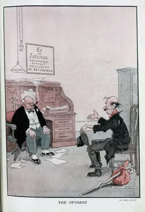 Framed Print : Caricature illustration, The Optimist by Will Owen. Showing homeless man with handkerchief tied to stick, asking grumpy banker with cigar for a loan Framed Print : Caricature illustration, The Optimist by Will Owen. Showing homeless man with handkerchief tied to stick, asking grumpy banker with cigar for a loan
