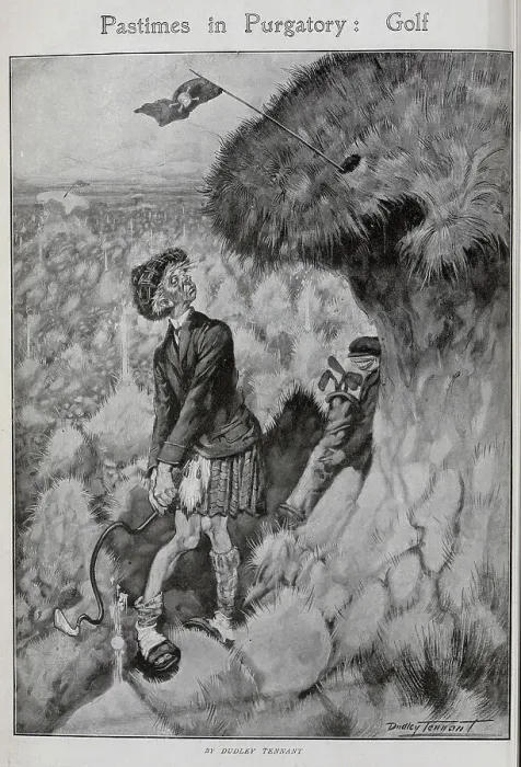 Framed Print : Caricature illustration, Pastimes in Purgatory: Golf, by Dudley Tennant. Showing bewildered golfer in tartan, with bent golf club, and pirate flag in hole above Framed Print : Caricature illustration, Pastimes in Purgatory: Golf, by Dudley Tennant. Showing bewildered golfer in tartan, with bent golf club, and pirate flag in hole above