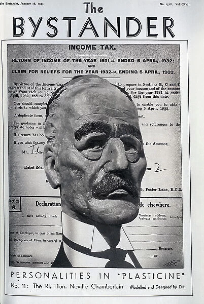 Caricature illustration of the Rt Hon Neville Chamberlain, in plasticine and pen. Captioned, Personalities in Plasticine, No 12 Sir Henry Alfred Lytton