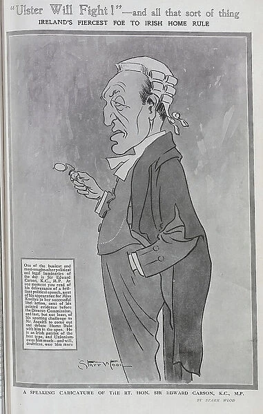 Caricature illustration of Rt Hon Sir Edward Carson, speaking in lawyer's wig and gown, holding spectacles, by Starr Wood, caricature artist, (1870-1944)